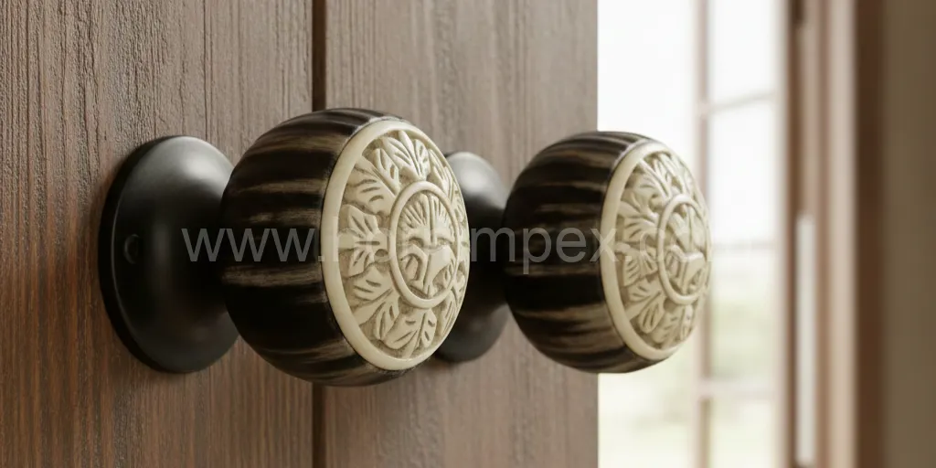 Artisan polishing buffalo horn door hardware in Sambhal India