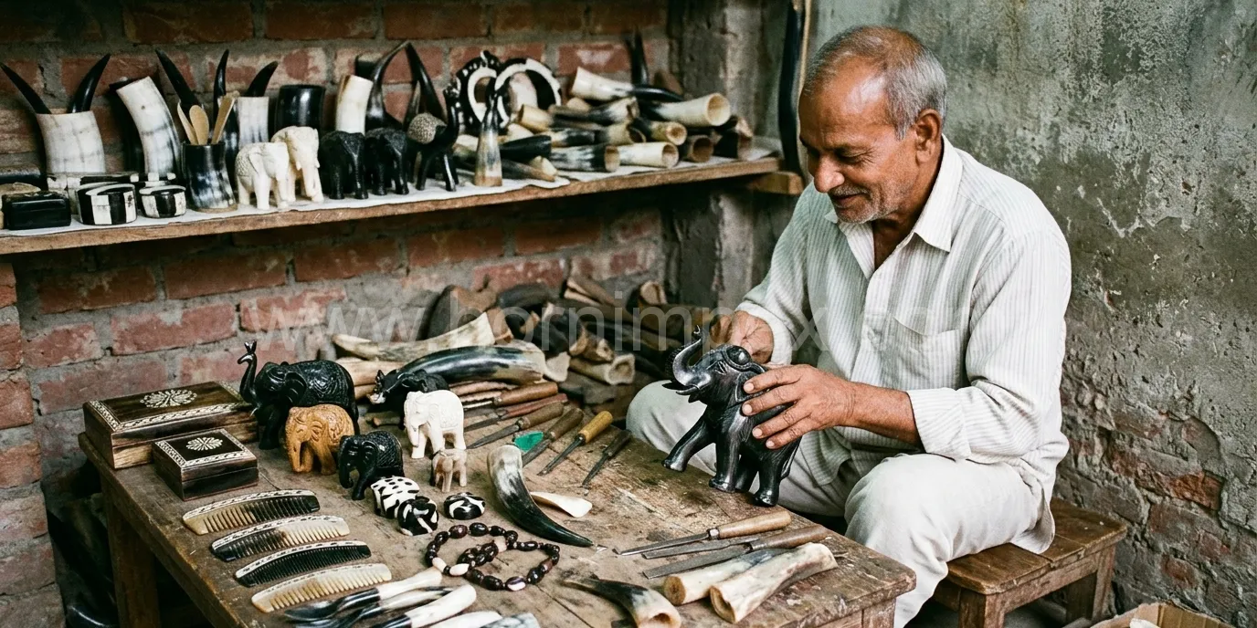 Handmade buffalo horn and bone handicrafts collection including jewelry and home decor items