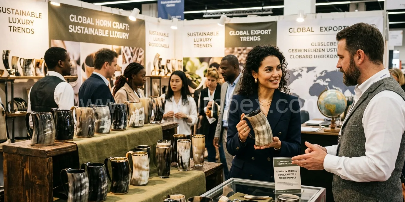 Handcrafted buffalo horn mugs and glasses showcasing natural patterns and eco-friendly drinkware for export trade
