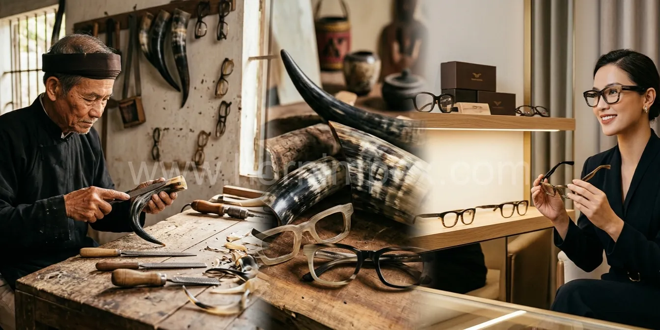 Traditional handcrafted buffalo horn eyewear frames showcasing natural craftsmanship and cultural heritage