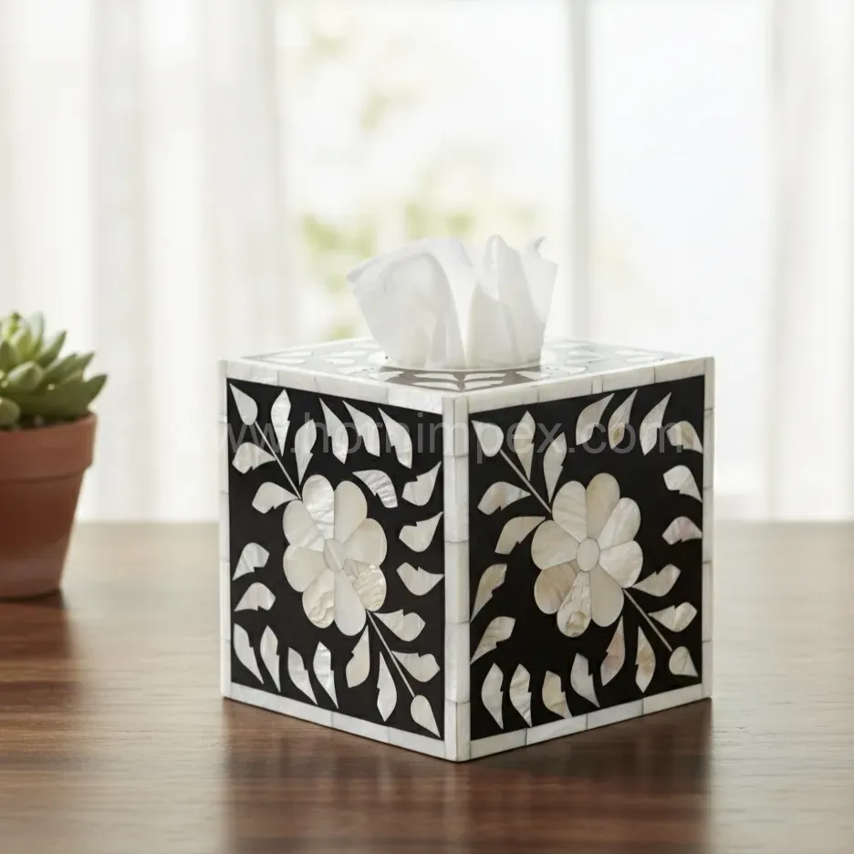 Handcrafted Black Mother of Pearl & Bone Inlay Square Tissue Box Cover | Authentic Indian Home Decor - Tissue Boxes &amp; Covers - image 1