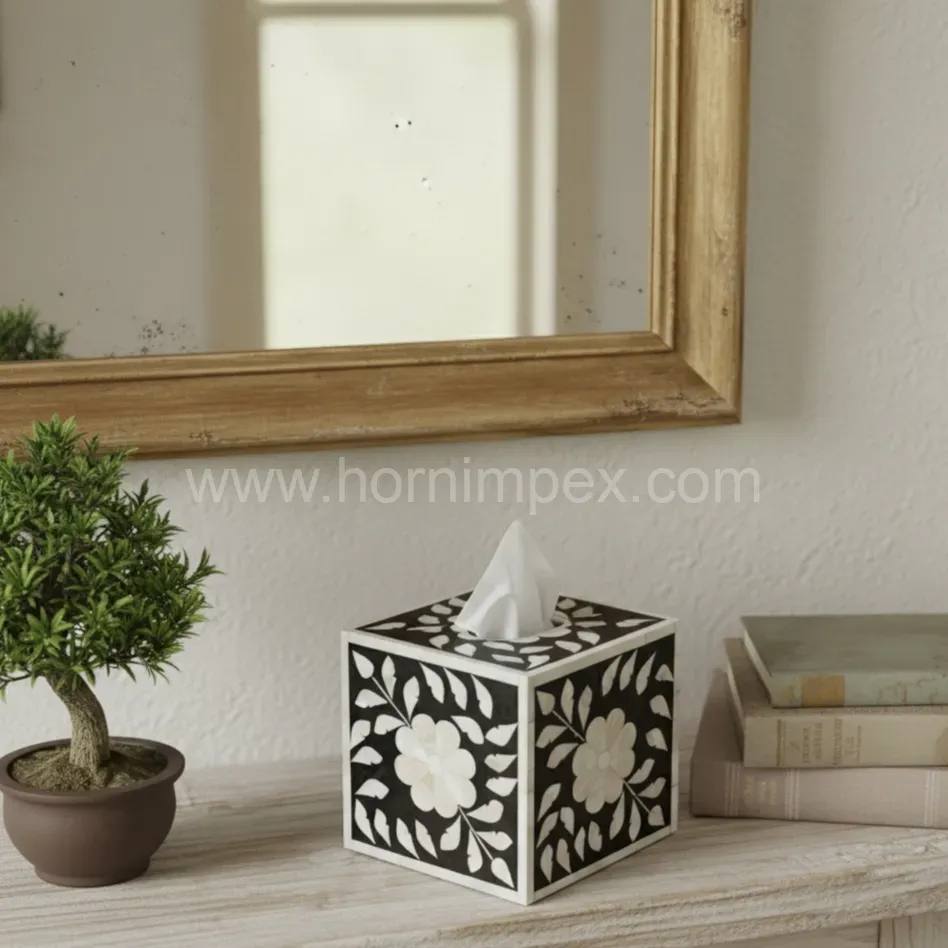 Handcrafted Black Mother of Pearl & Bone Inlay Square Tissue Box Cover | Authentic Indian Home Decor - Tissue Boxes &amp; Covers - image 2