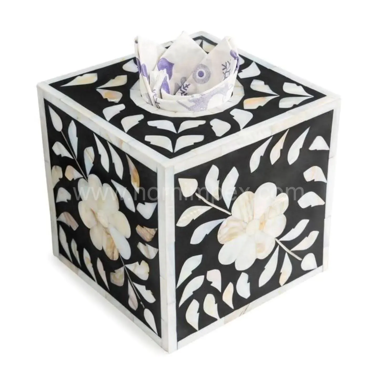 Handcrafted Black Mother of Pearl & Bone Inlay Square Tissue Box Cover | Authentic Indian Home Decor - Tissue Boxes &amp; Covers - image 3
