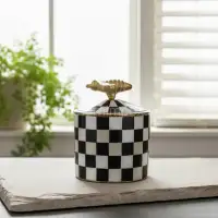 Black & White Horn Inlay Decorative Jar – Handmade Checkered Design - Front View