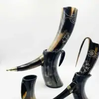 Engraved Buffalo Horn Viking Drinking Horn with Stand - Front View
