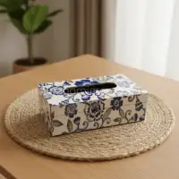Handmade Blue Floral Bone Inlay Tissue Box – Indian Export Quality - Front View