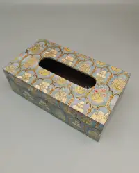 Premium Handcrafted Wooden Tissue Box with Blue Floral Inlay – Export Quality - Front View