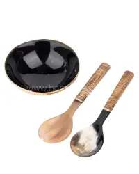 Natural Buffalo Horn Serving Bowl with Metal Rim – Includes Matching Spoon & Fork | HornImpex - Front View
