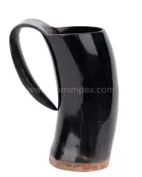 Handmade Buffalo Horn Beer Mug with Curved Handle – 300 ml – Natural & Rustic Drinkware | HornImpex - Front View