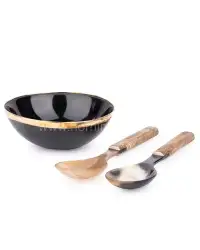 Natural Buffalo Horn Serving Bowl with Metal Rim – Includes Matching Spoon & Fork | HornImpex - Second View