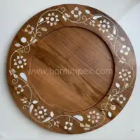 Luxury Handcrafted Wooden Serving Tray with Mother-of-Pearl Floral Inlay - Front View