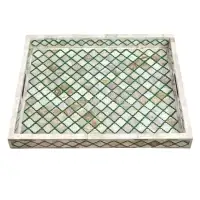 Handmade Mother of Pearl & Bone Inlay Geometric Lattice Serving Tray (Green & Cream) - Front View