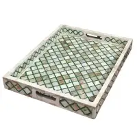 Handmade Mother of Pearl & Bone Inlay Geometric Lattice Serving Tray (Green & Cream) - Second View
