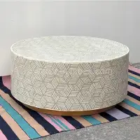 Handmade Bone Inlay Round Coffee Table – Geometric Pattern Modern Accent Furniture - Front View