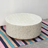 Handmade Bone Inlay Round Coffee Table – Geometric Pattern Modern Accent Furniture - Second View