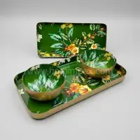 Handcrafted Green Floral Enamel Metal Serving Tray Set | HornImpex - Front View