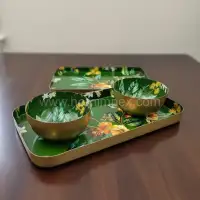Handcrafted Green Floral Enamel Metal Serving Tray Set | HornImpex - Second View