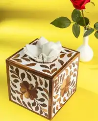 Horn & Bone Inlay Wooden Tissue Box Cover - Floral Design Handmade in Sambhal, UP - Front View