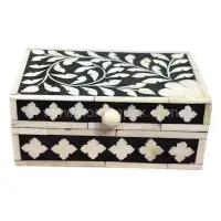 Handmade Floral Bone Inlay Rectangular Decorative Box with Lid (Black & Cream) - Front View