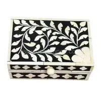 Handmade Floral Bone Inlay Rectangular Decorative Box with Lid (Black & Cream) - Second View