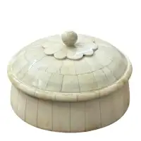 Handmade Natural Bone Inlay Round Lidded Box | Minimalist Floral Accent Decor | HornImpex - Front View