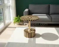 Luxurious Black & White Bone Inlay Side Table | Sunburst Pattern | HornImpex - Second View