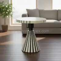 Handcrafted Black and White Stripe Bone Inlay Side Table | Sambhal Export Quality - Front View