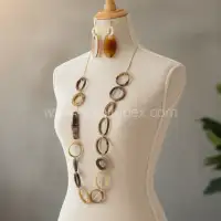 Wholesale Variegated Buffalo Horn Oval Link Necklace & Drop Earrings Set | Ethical Manufacturer - Front View