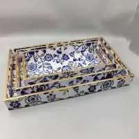Set of 3 Handmade Decorative Wooden Trays – Blue Floral Design - Front View