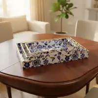Set of 3 Handmade Decorative Wooden Trays – Blue Floral Design - Second View