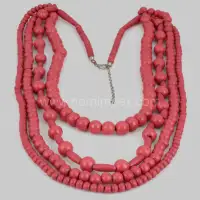 Pink Wooden Bead Multi-Strand Statement Necklace – Wholesale & Export Quality - Front View