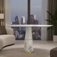 White Marble Round Dining Table with Brass Base – Handmade by Indian Exporter - Front View